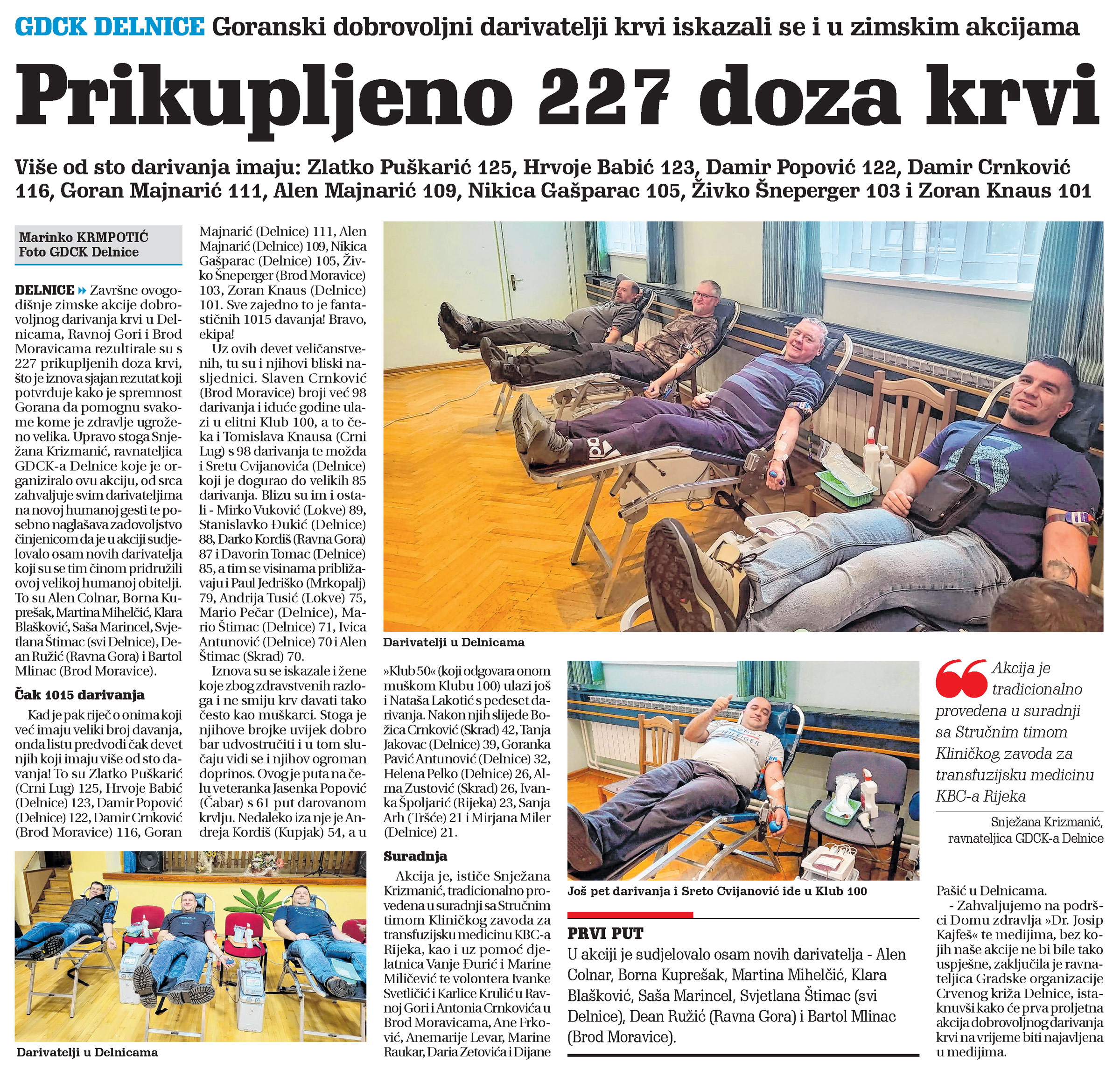 GDCK Delnice: Prikupljeno 227 doza krvi, članak, novi list
