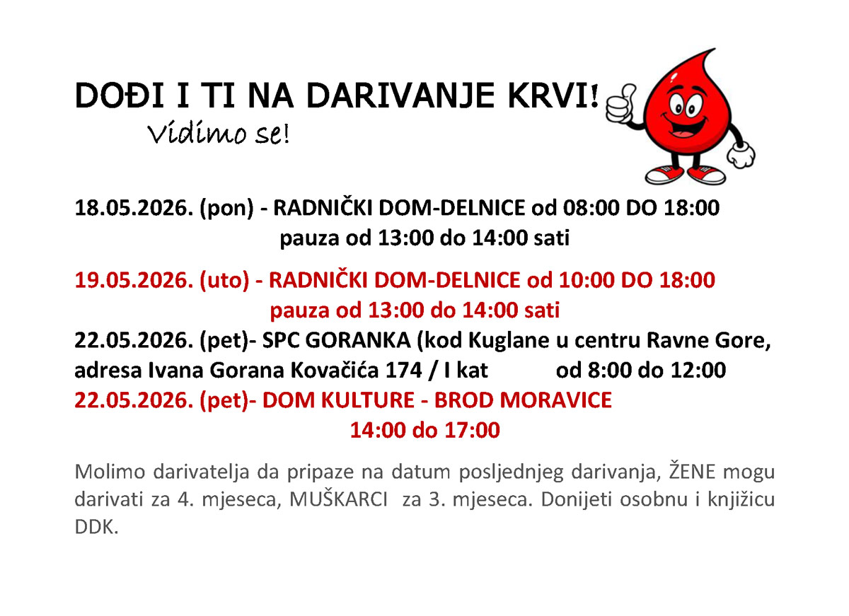 Dobrovoljno darivanje krvi – Svibanj 2026.